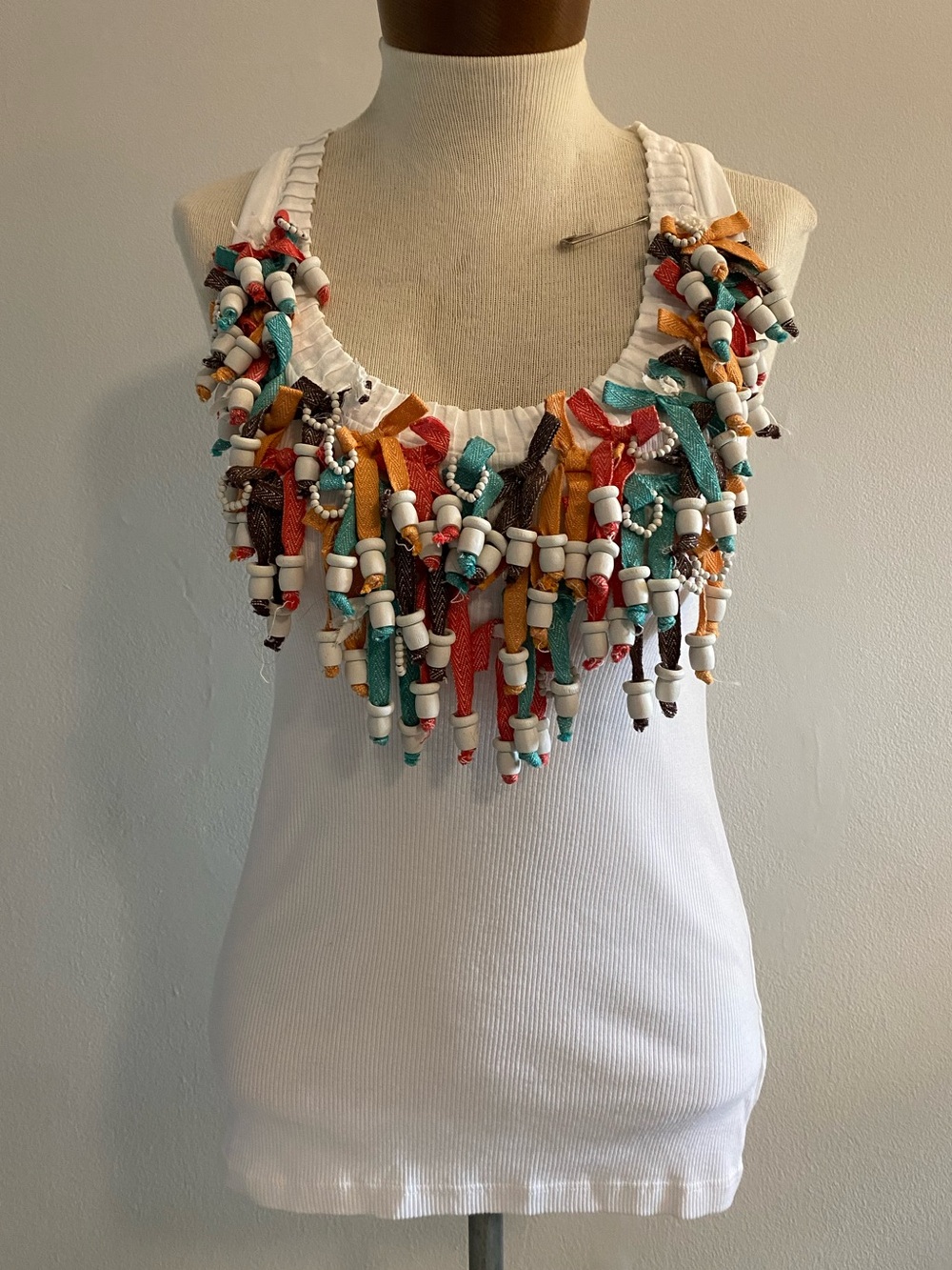 Handmade Boho Multicolor Beaded Fringe White Cotton Tank Size M Isabela Capeto